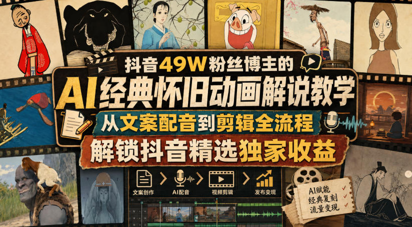 抖音49W粉丝博主的AI经典怀旧动画解说教学，从文案配音到剪辑全流程，解锁抖音精选独家收益