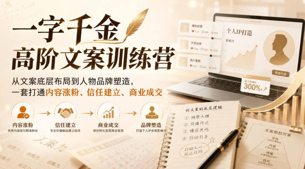 一字千金高阶文案训练营，从文案底层布局到人物品牌塑造，一套打通内容涨粉、信任建立、商业成交