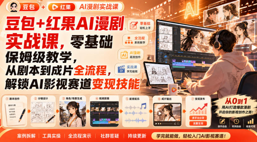 豆包+红果AI漫剧实战课，零基础保姆级教学，从剧本到成片全流程，解锁AI影视赛道变现技能