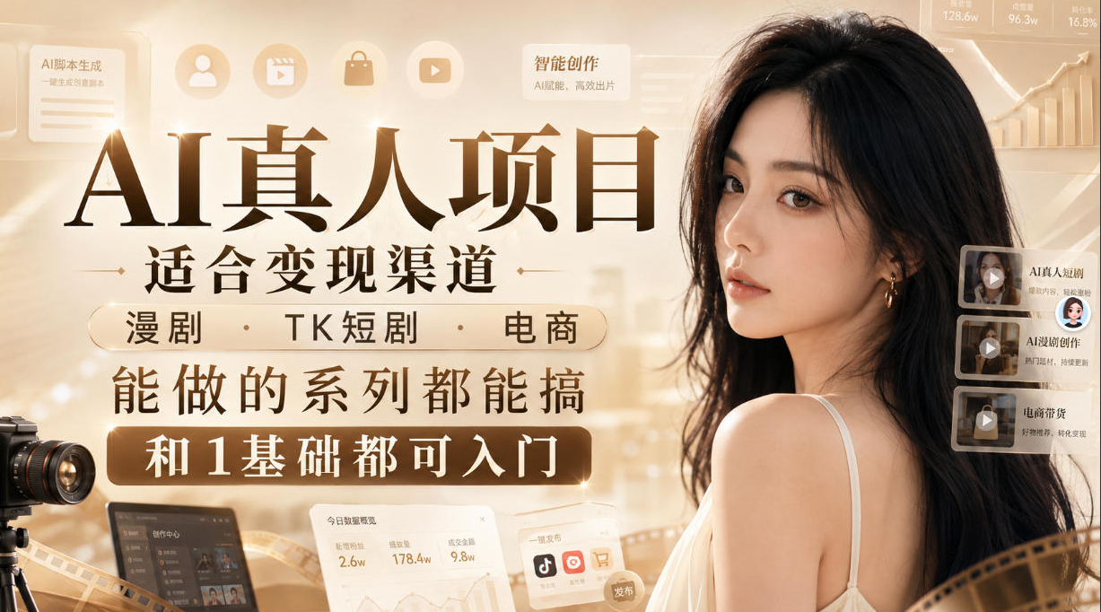 AI真人项目，适合变现渠道，漫剧，TK短剧，电商，能做的系列都能搞，0和1基础都可入门