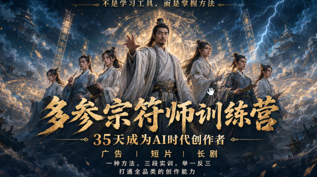 多参宗符师训练营，35天成为AI时代创作者，广告|短片|长剧，一种方法，三段实训，举一反三，打通全品类的创作能力