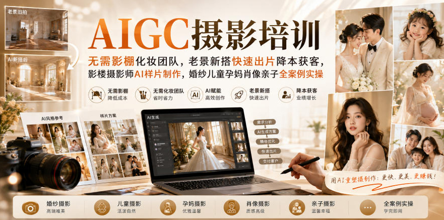 AIGC摄影培训｜无需影棚化妆团队，老景新搭快速出片降本获客，影楼摄影师AI样片制作，婚纱儿童孕妈肖像亲子全案例实操