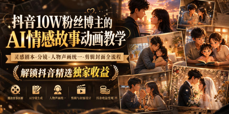 抖音10W粉丝博主的AI情感故事动画教学，灵感剧本分镜人物声画统一剪辑封面全流程，解锁抖音精选独家收益