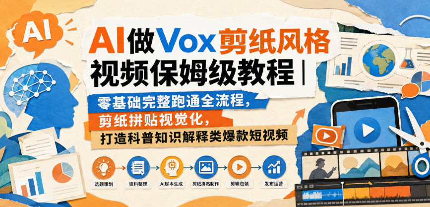 AI做Vox剪纸风格视频保姆级教程｜零基础完整跑通全流程，剪纸拼贴视觉化，打造科普知识解释类爆款短视频