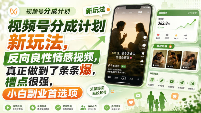 视频号分成计划新玩法，反向良性情感视频，真正做到了条条爆，槽点很强，小白副业首选项