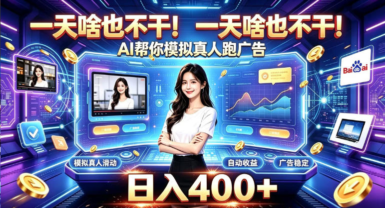 一天啥也不干！AI帮你模拟真人跑广告，稳定日入400+，实现真正被动变现【揭秘】