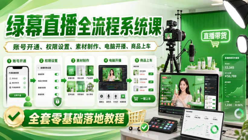 绿幕直播全流程系统课，账号开通、权限设置、素材制作、电脑开播、商品上车全套零基础落地教程