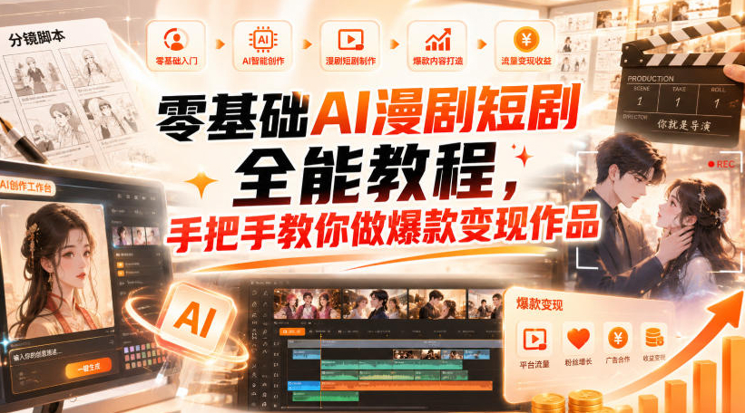 零基础AI漫剧短剧全能教程，从AI智能体搭建、文案脚本分镜、多平台AI生视频、剪映精修，覆盖全题材创作，手把手教你做爆款变现作品
