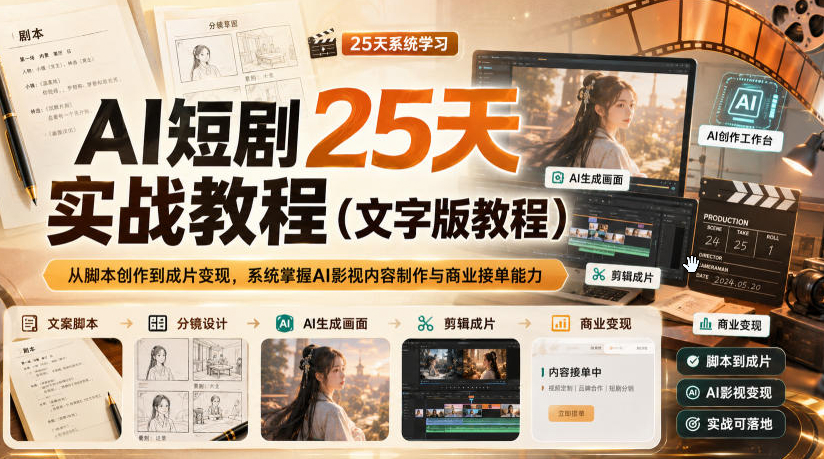 AI短剧25天实战教程（文字版教程），从脚本创作到成片变现，系统掌握AI影视内容制作与商业接单能力