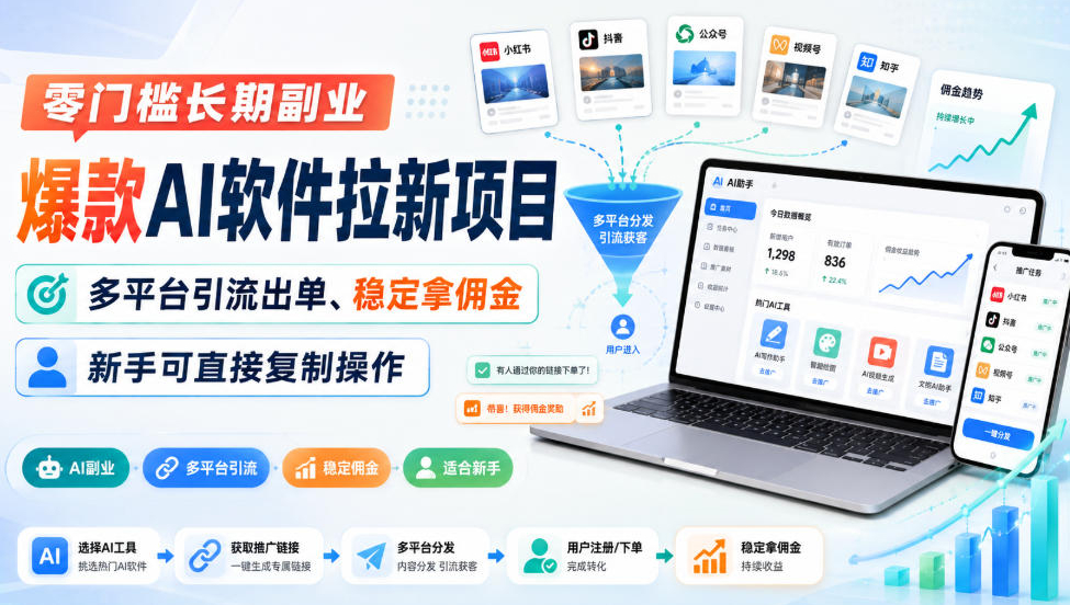 零门槛长期副业，爆款AI软件拉新项目，多平台引流出单、稳定拿佣金，新手可直接复制操作
