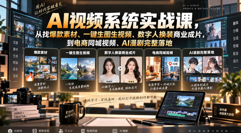 AI视频系统实战课，从找爆款素材、一键生图生视频、数字人换装商业成片，到电商同城视频、AI漫剧完整落地
