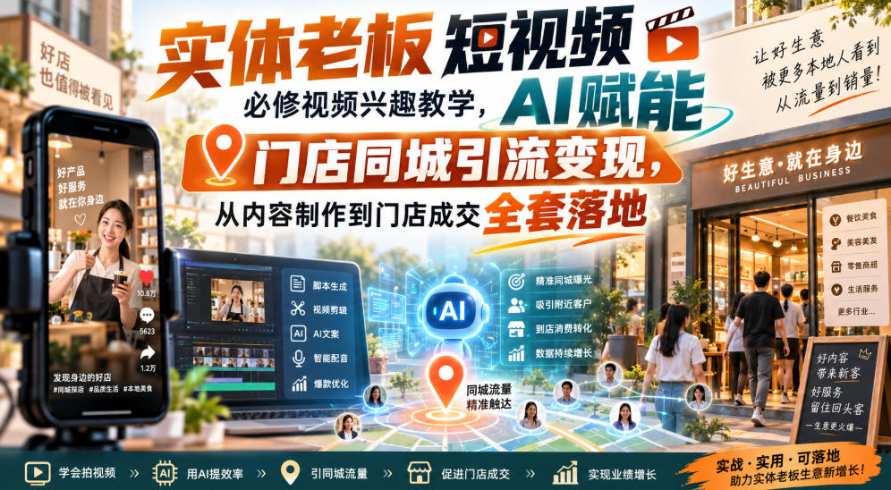 实体老板短视频必修视频兴趣教学，AI赋能门店同城引流变现，AI+短视频+直播打爆实体客流量