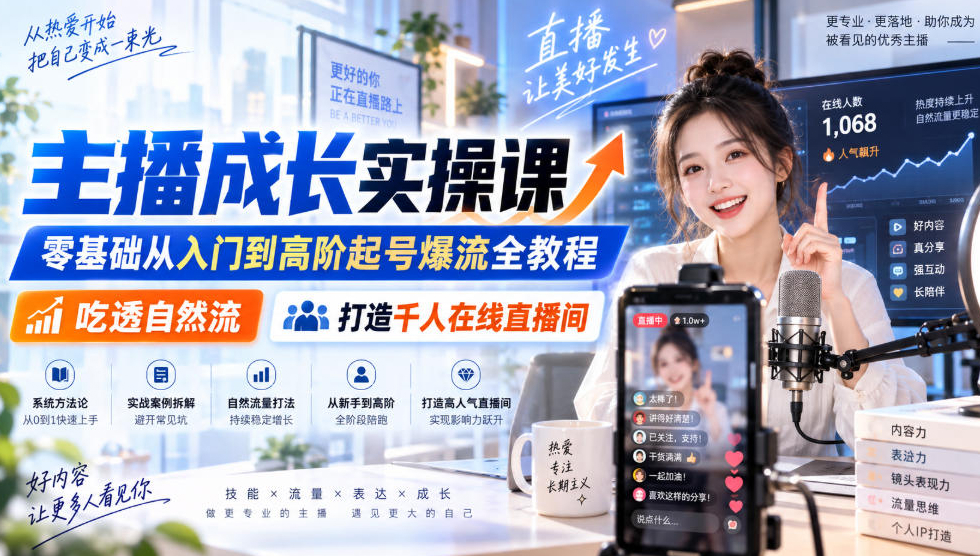 主播成长实操课｜零基础从入门到高阶起号爆流全教程，吃透自然流，打造千人在线直播间