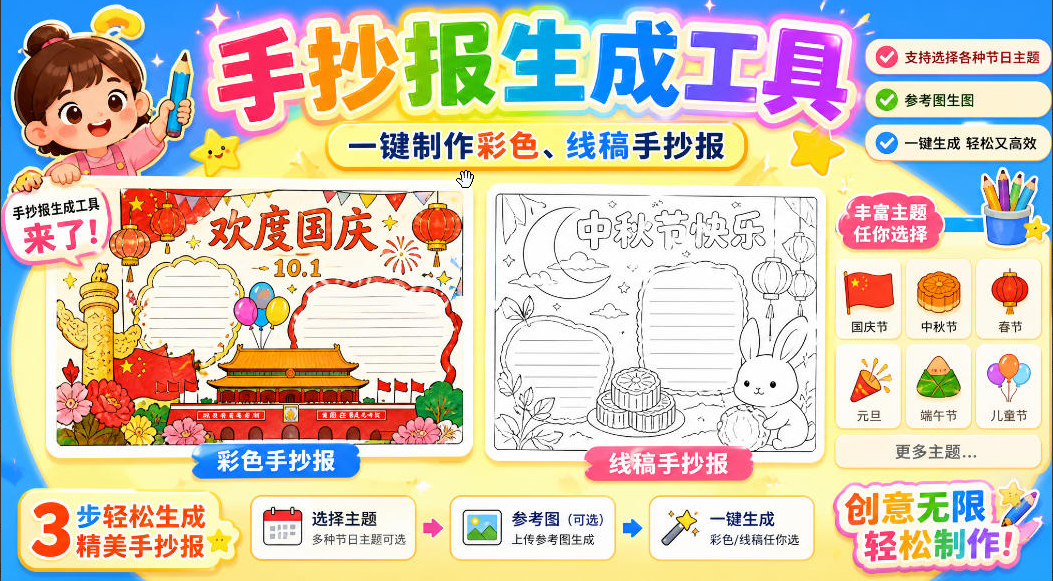 手抄报批量生成工具来了，完全免费，告别豆包生图，高清无水印
