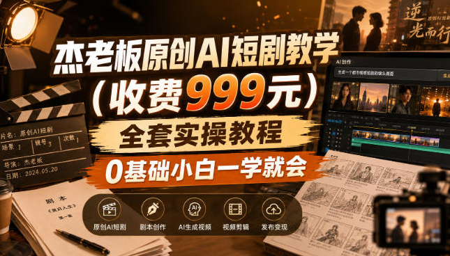 杰老板原创AI短剧教学（收费999元），全套实操教程，0基础小白一学就会，非搬运技术