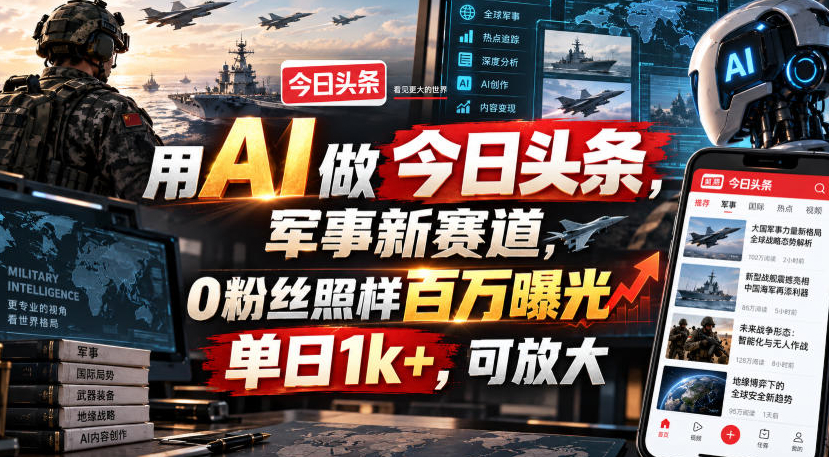 用AI做今日头条，军事新赛道，0粉丝照样百万曝光，单日1k+，可放大