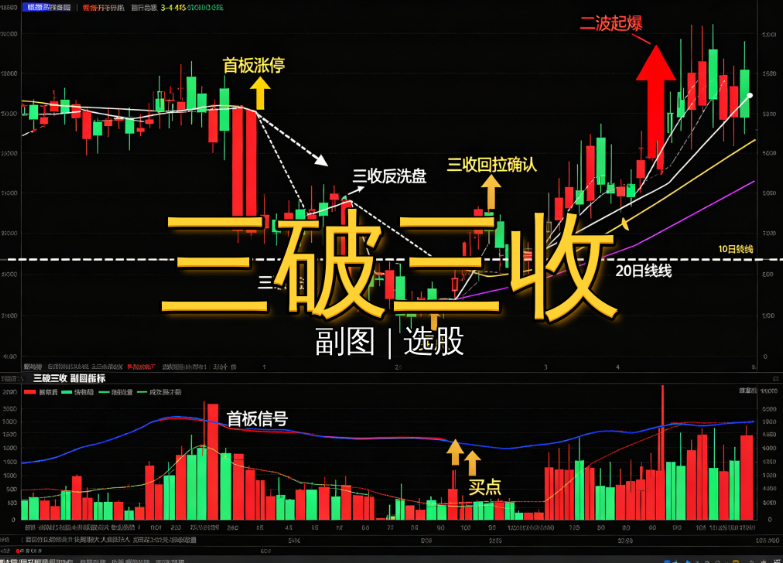 通达信〖三破三收〗副图/选股指标，捕捉首板回踩-洗盘二波起爆买点