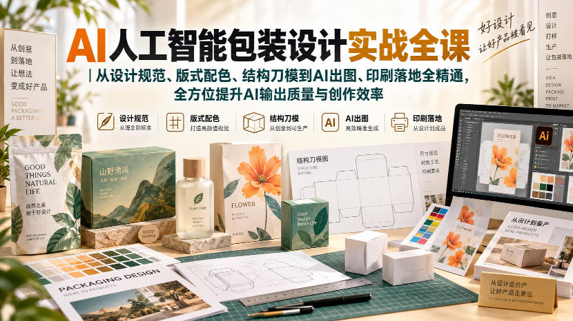 九猫AI人工智能包装设计实战全课｜从设计规范、版式配色、结构刀模到AI出图、印刷落地全精通