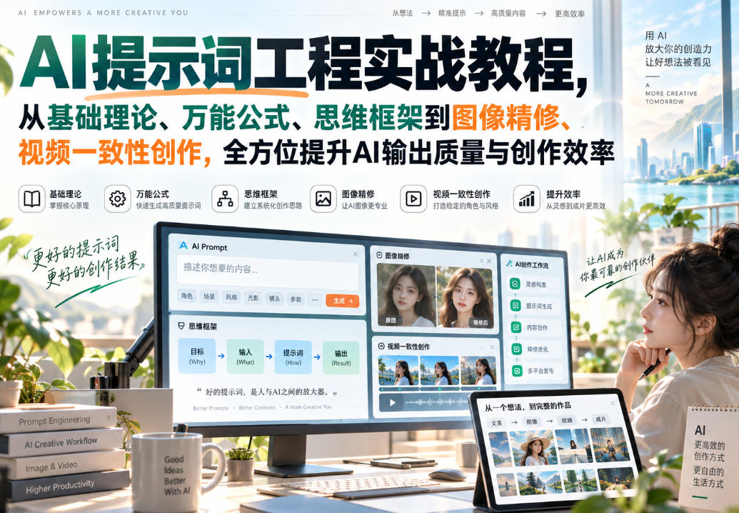 向AI进化,AI提示词工程实战教程，从基础理论、万能公式、思维框架到图像精修、视频一致性创作，全方位提升AI输出质量与创作效率
