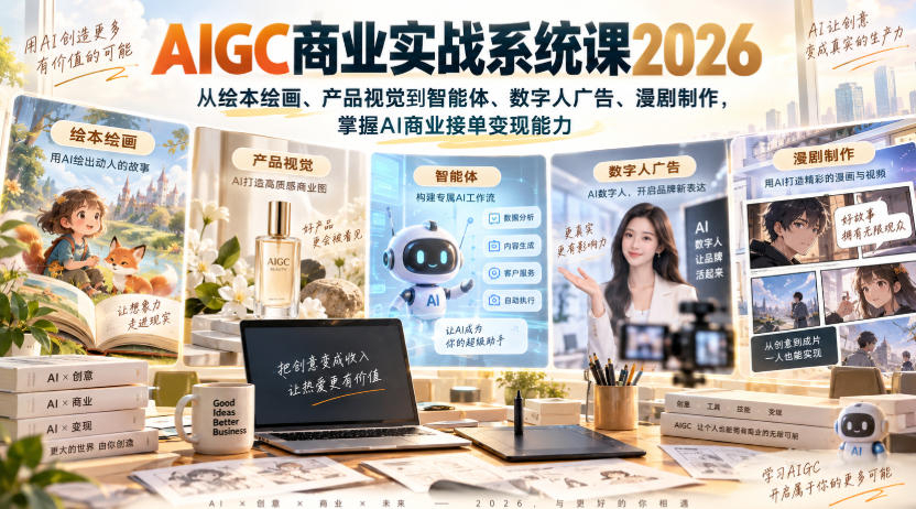 触站AIGC商业实战系统课2026，从绘本绘画、产品视觉到智能体、数字人广告、漫剧制作，掌握AI商业接单变现能力