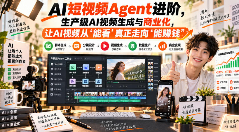 AI短视频Agent进阶，生产级AI视频生成与商业化，让AI视频从”能看”真正走向”能賺钱”
