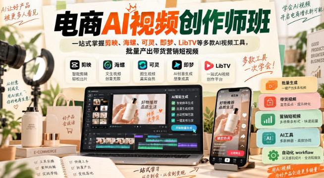 电商AI视频创作师班，一站式掌握剪映、海螺、可灵、即梦、LibTV等多款AI视频工具，批量产出带货营销短视频