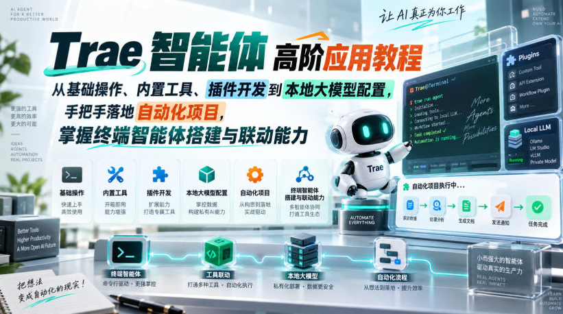Trae智能体高阶应用教程，从基础操作、内置工具、插件开发到本地大模型配置，手把手落地自动化项目