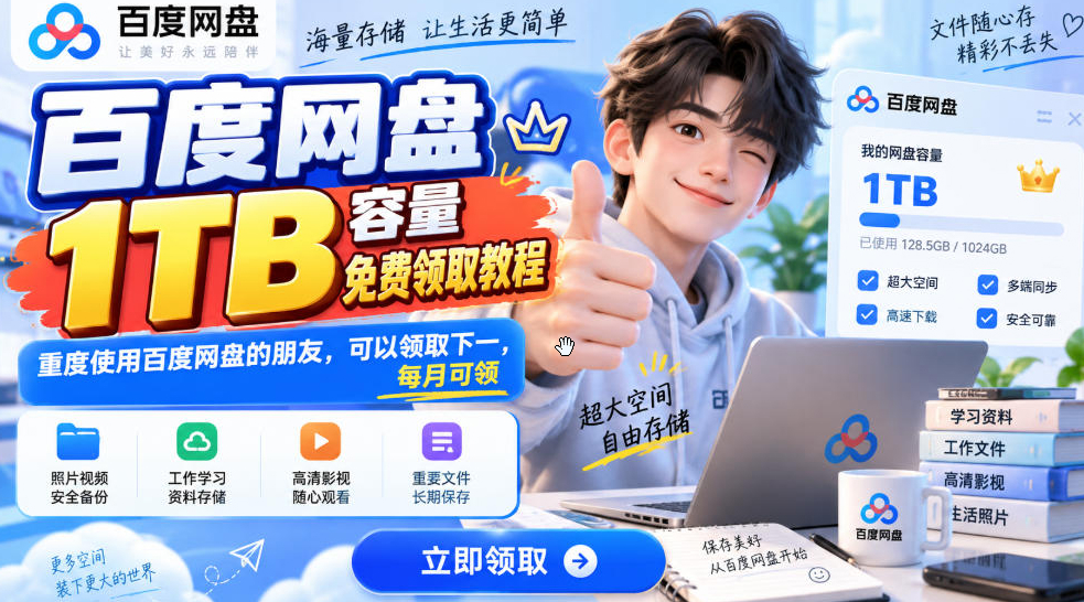 百度网盘1TB容量免费领取教程，重度使用百度网盘的朋友，可以领取下一，每月可领