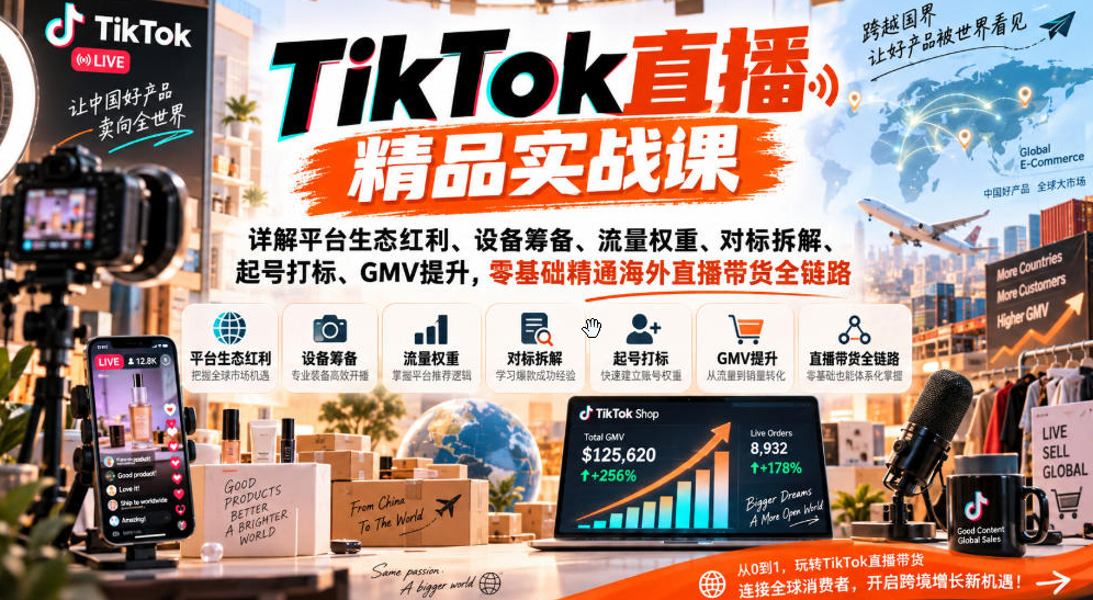 TikTok直播精品实战课，详解平台生态红利、设备筹备、流量权重、对标拆解、起号打标、GMV提升，零基础精通海外直播带货全链路