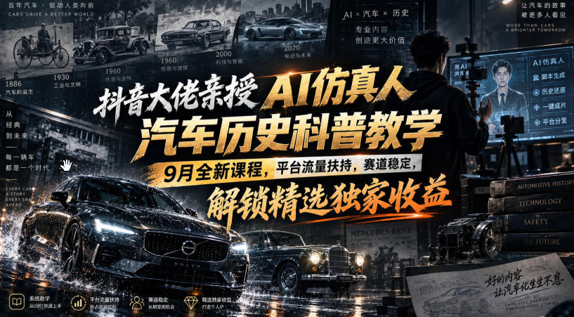 抖音大佬亲授AI仿真人汽车历史科普教学，9月全新课程，平台流量扶持，赛道稳定，解锁精选独家收益