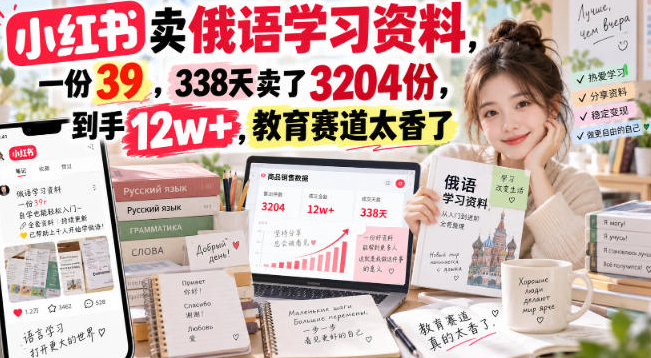 小红书卖俄语学习资料，一份39，338天卖了3204份，到手12w+，教育赛道太香了