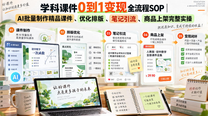 学科课件0到1变现全流程SOP｜AI批量制作精品课件、优化排版、笔记引流、商品上架完整实操?