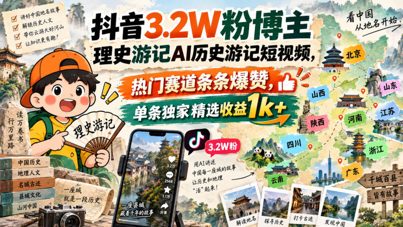 抖音3.2W粉博主理史游记AI历史游记短视频教学，热门赛道条条爆赞，单条独家精选收益1k+