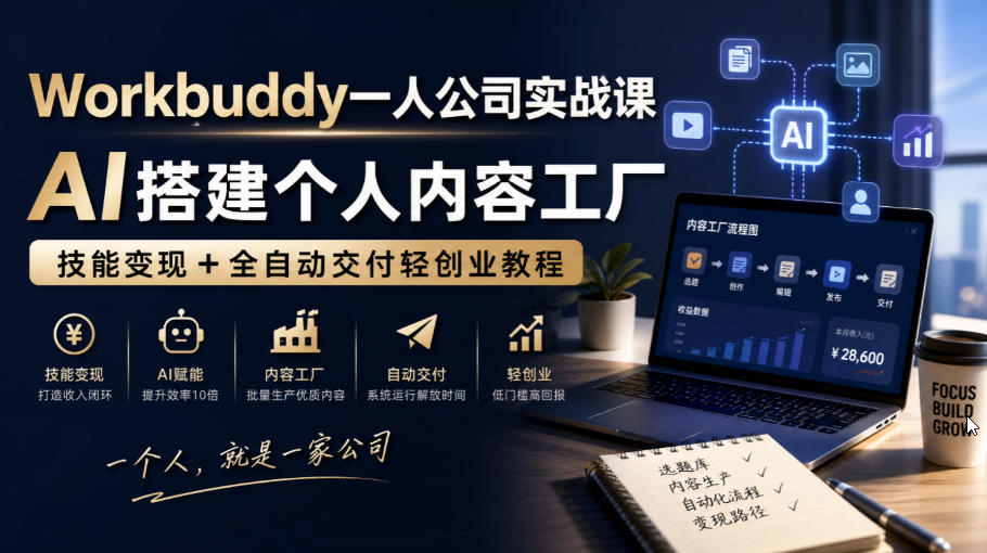 Workbuddy一人公司实战课，AI搭建个人内容工厂，技能变现+全自动交付轻创业教程?