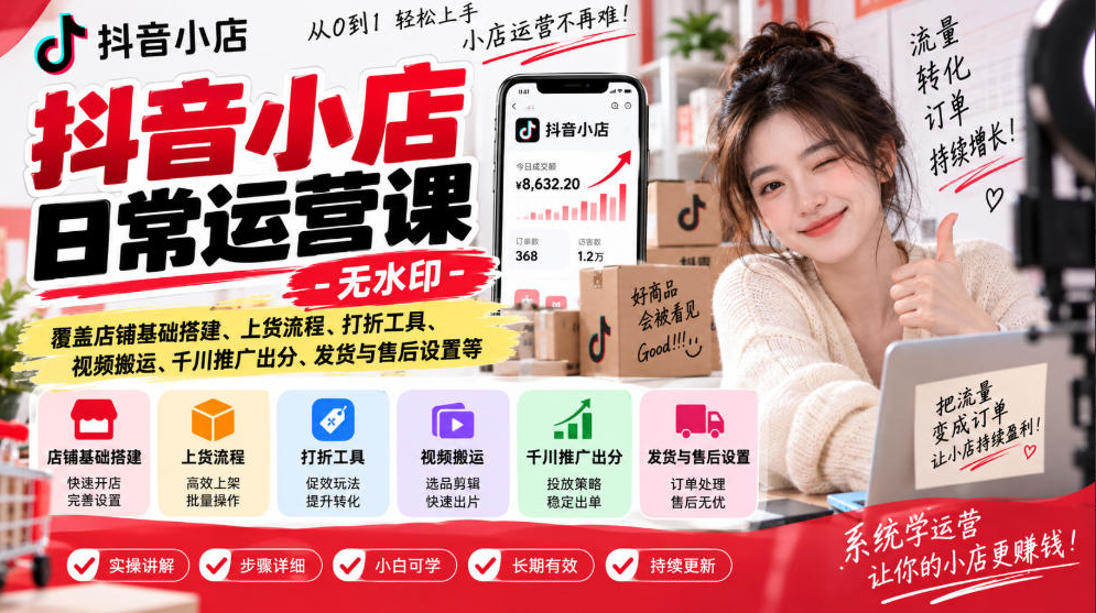 抖音小店日常运营课，覆盖店铺基础搭建、上货流程、打折工具、视频搬运、千川推广出分、发货与售后设置等