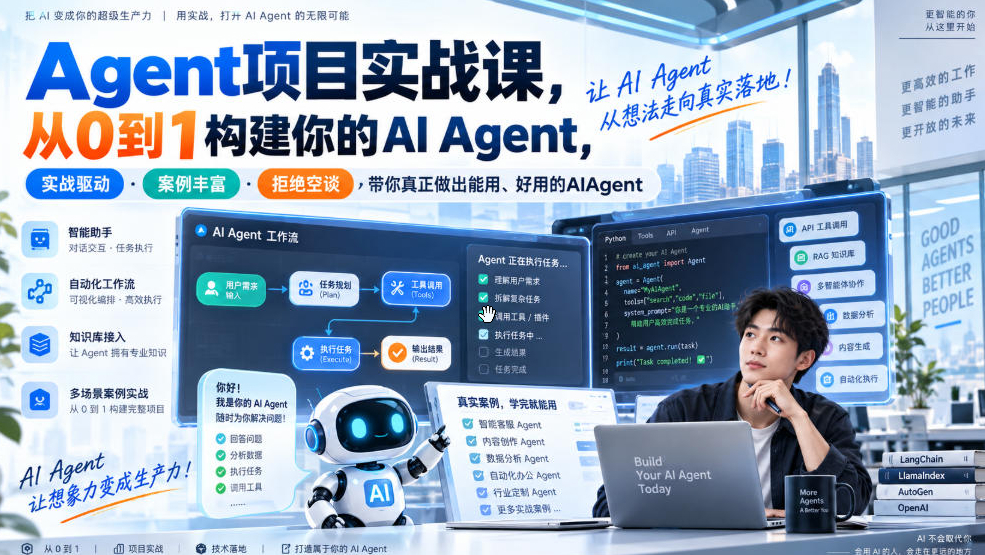 Agent项目实战课，从0到1构建你的AI Agent，实战驱动·案例丰富·拒绝空谈，带你真正做出能用、好用的AIAgent