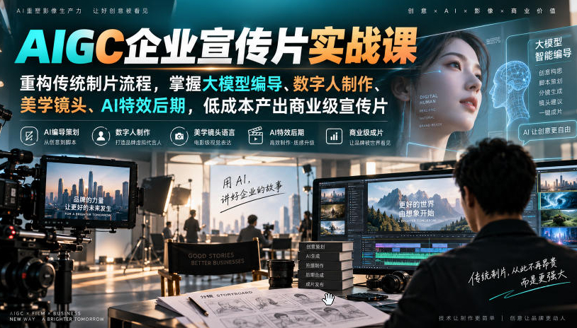 AIGC企业宣传片实战课，重构传统制片流程，掌握大模型编导、数字人制作、美学镜头、AI特效后期，低成本产出商业级宣传片