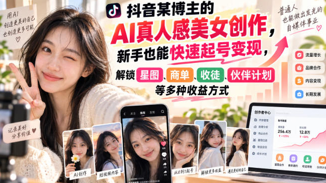 抖音某博主的AI真人感美女创作，新手也能快速起号变现，解锁星图，商单，收徒，伙伴计划等多种收益方式