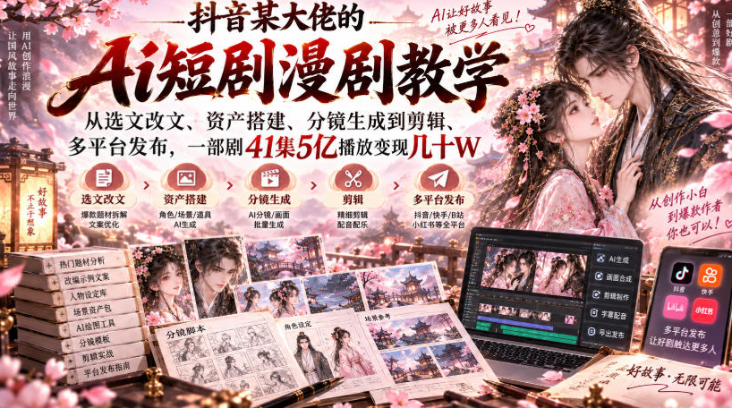 抖音某大佬的Ai短剧漫剧教学，从选文改文、资产搭建、分镜生成到剪辑、多平台发布，一部剧41集5亿播放变现几十W