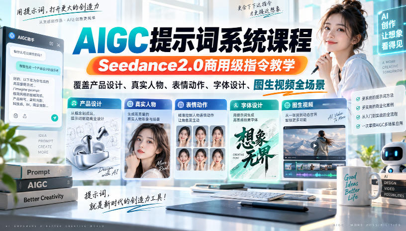 AIGC提示词系统课程，Seedance2.0商用级指令教学，覆盖产品设计、真实人物、表情动作、字体设计、图生视频全场景