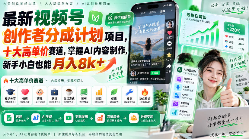 最新视频号创作者分成计划项目，十大高单价赛道，掌握AI内容制作，新手小白也能月入8k+