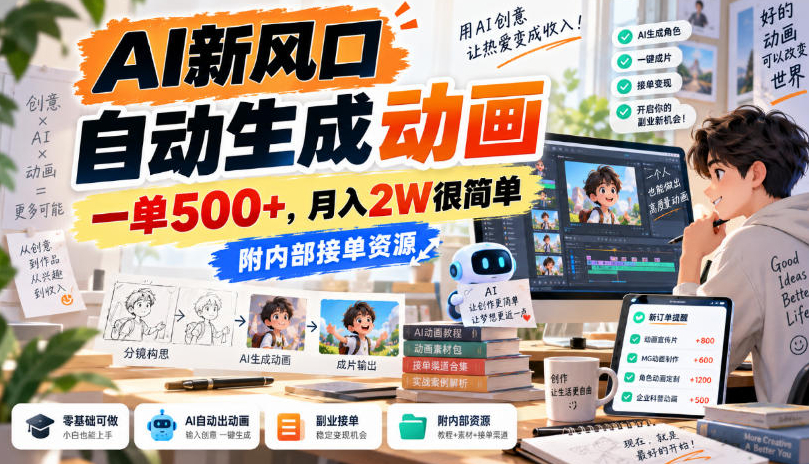 AI新风口，自动生成动画，一单500+，月入2W很简单，附内部接单资源【揭秘】