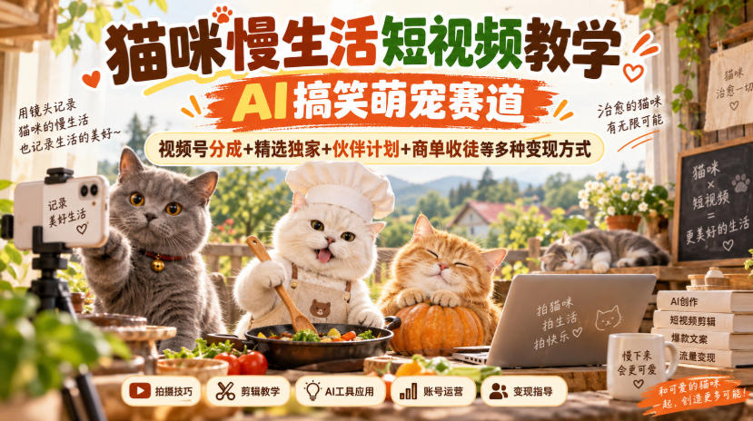 猫咪慢生活短视频教学，AI搞笑萌宠赛道