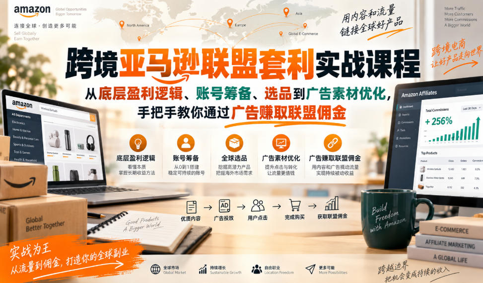 跨境亚马逊联盟套利实战课程，从底层盈利逻辑、账号筹备、选品到广告素材优化
