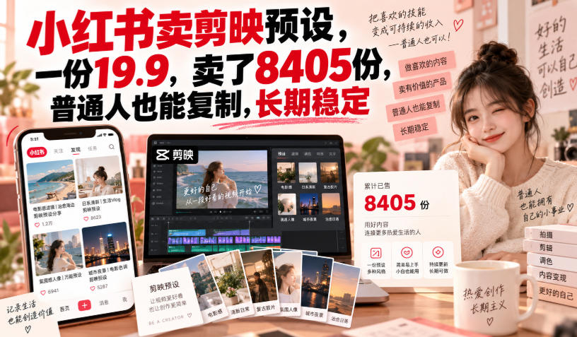 小红书卖剪映预设，一份卖了8405份，普通人也能复制，长期稳定