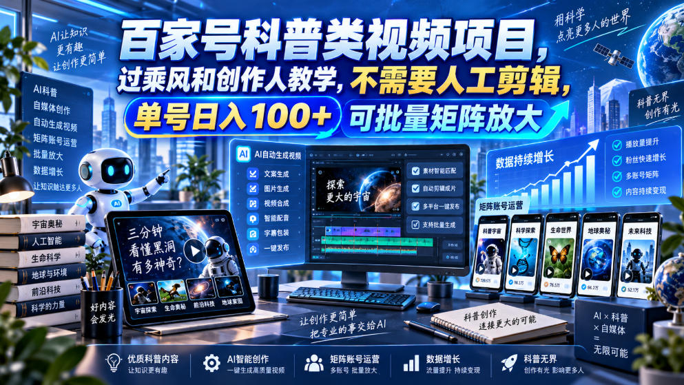 百家号科普类视频项目，过乘风和创作人教学，不需要人工剪辑