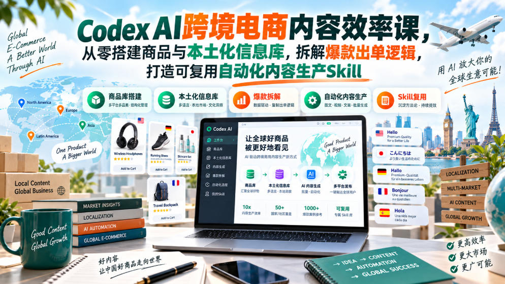 Codex跨境电商内容效率入门课，从零搭建商品与本土化信息库，拆解爆款出单逻辑，打造可复用自动化内容生产Skill