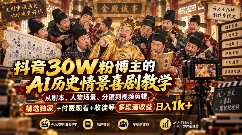抖音30W粉博主的AI历史情景喜剧教学，从剧本、人物场景、分镜到视频剪辑，精选独家+付费观看+收徒等多渠道收益