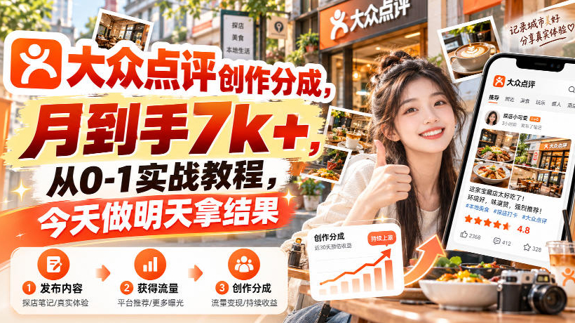 大众点评创作分成，月到手7k+，从0-1实战教程，今天做明天拿结果