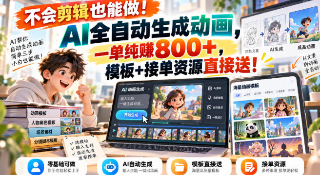 不会剪辑也能做!AI全自动生成动画,一单纯賺800+,模板+接单资源直接送!【揭秘】